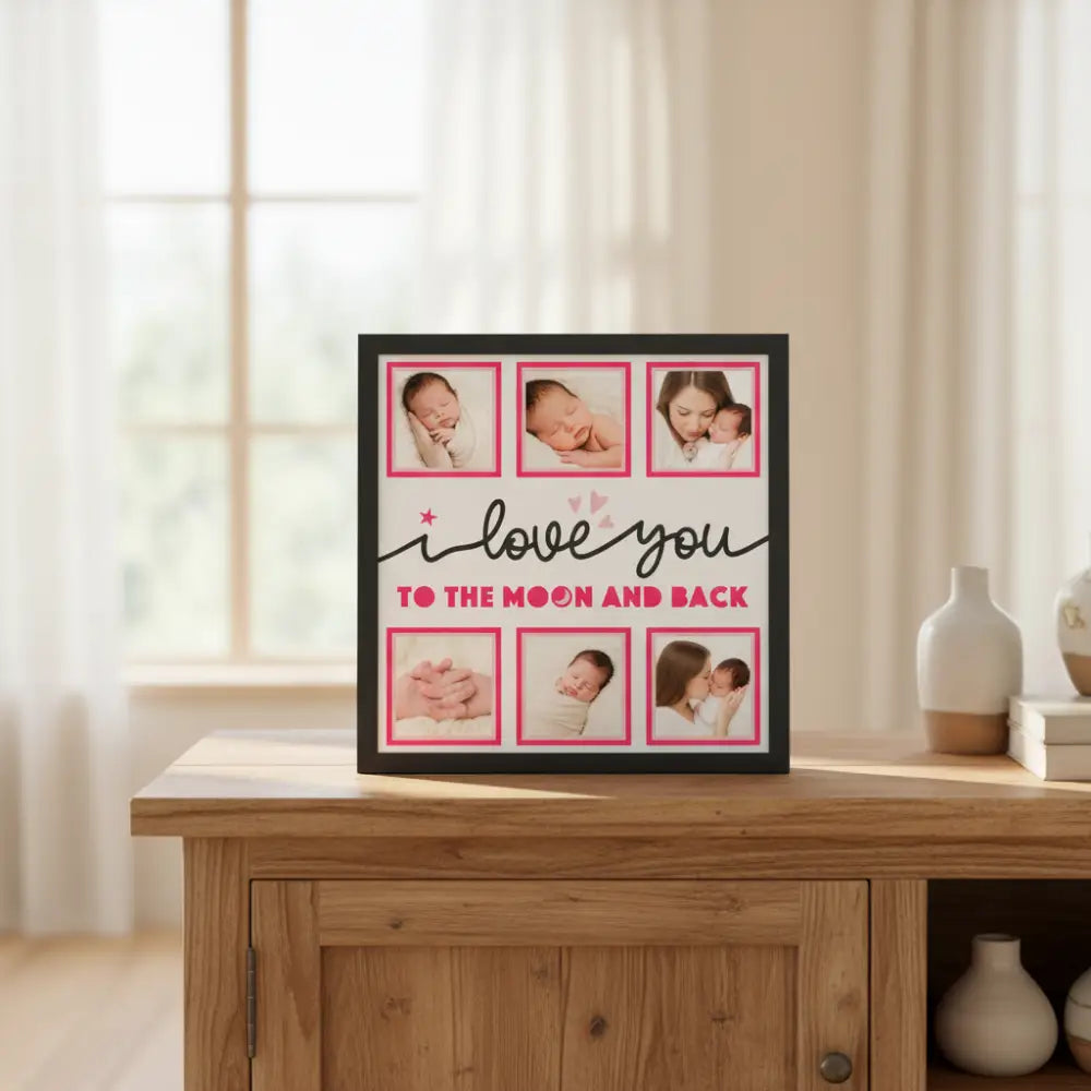 Decorative paper with 'I love you to the moon and back' text and heart shapes.