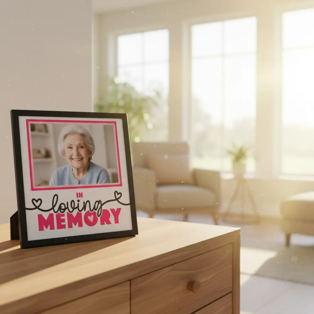 Memorial sign with 'In loving memory' text and pink hearts on a white background