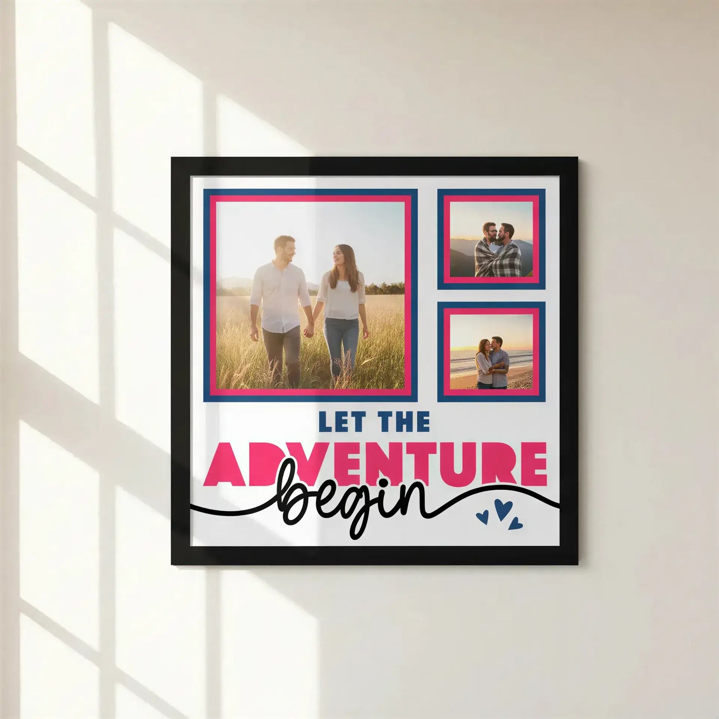 Design with photo frames and 'Let the Adventure Begin' text on a white background