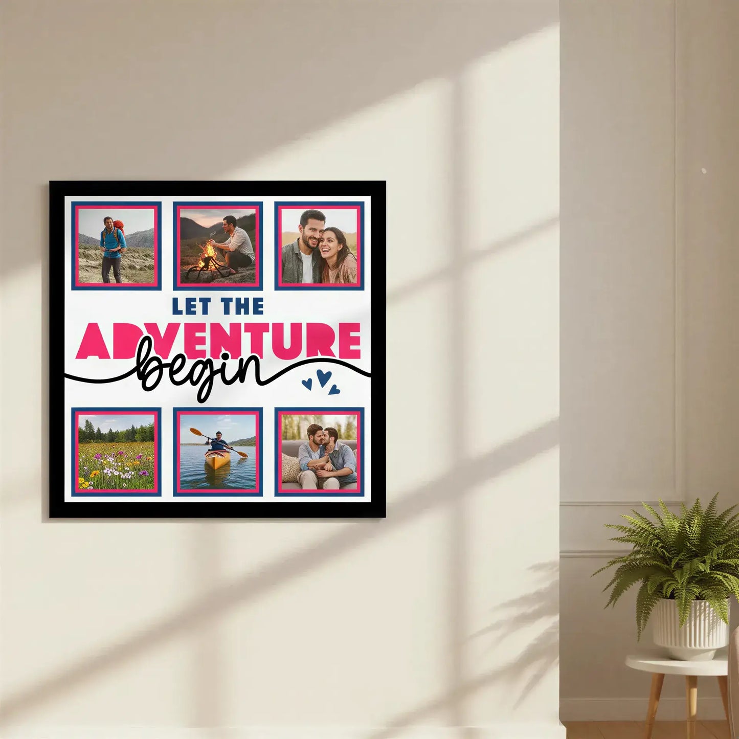 Design template with 'Let the Adventure Begin' text and blank spaces for photos or text.