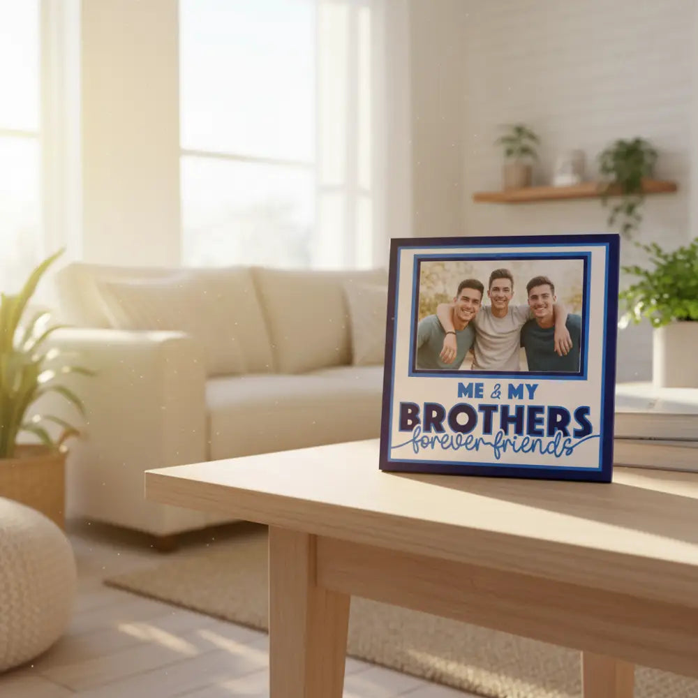 Framed text 'Me & My Brothers Forever Friends' with a blue border on a white background