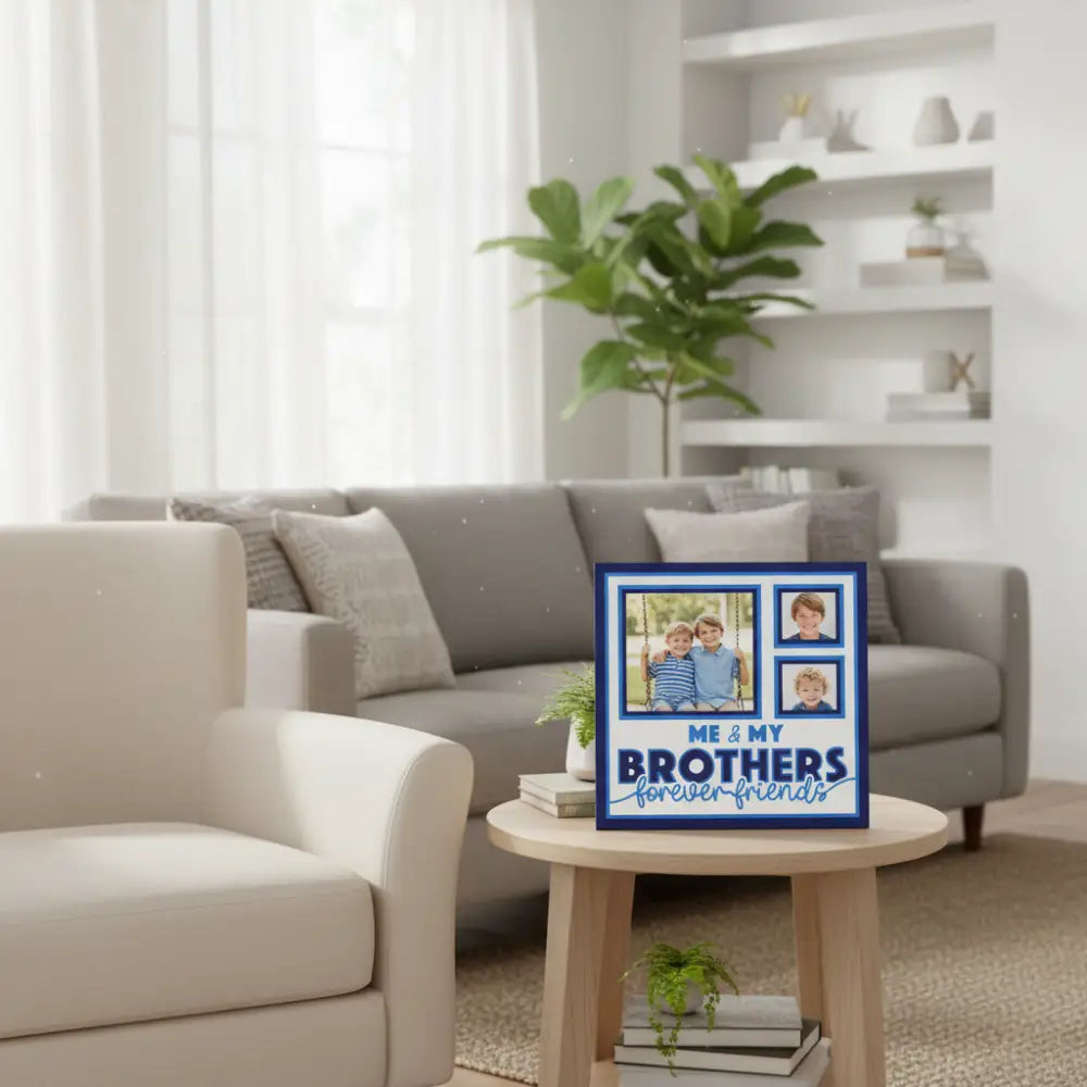 Decorative paper with blue border and text 'Me & My Brothers Forever Friends' on a white background