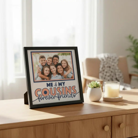 Decorative graphic with 'Me & My Cousins Forever Friends' text and a navy blue square in the center.