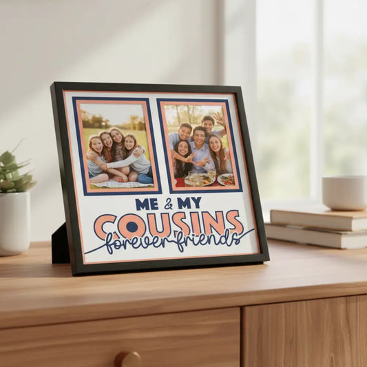 Design template with two photo frames and text 'Me & My Cousins Forever Friends' on a white background.