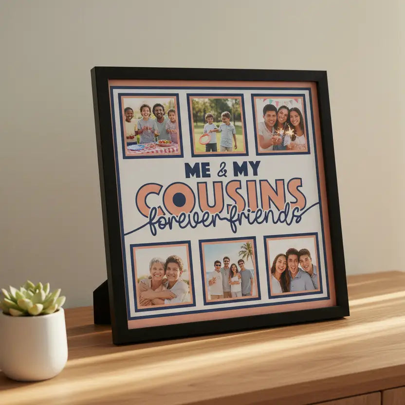 Design template with 'Me & My Cousins Forever Friends' text and six square placeholders.