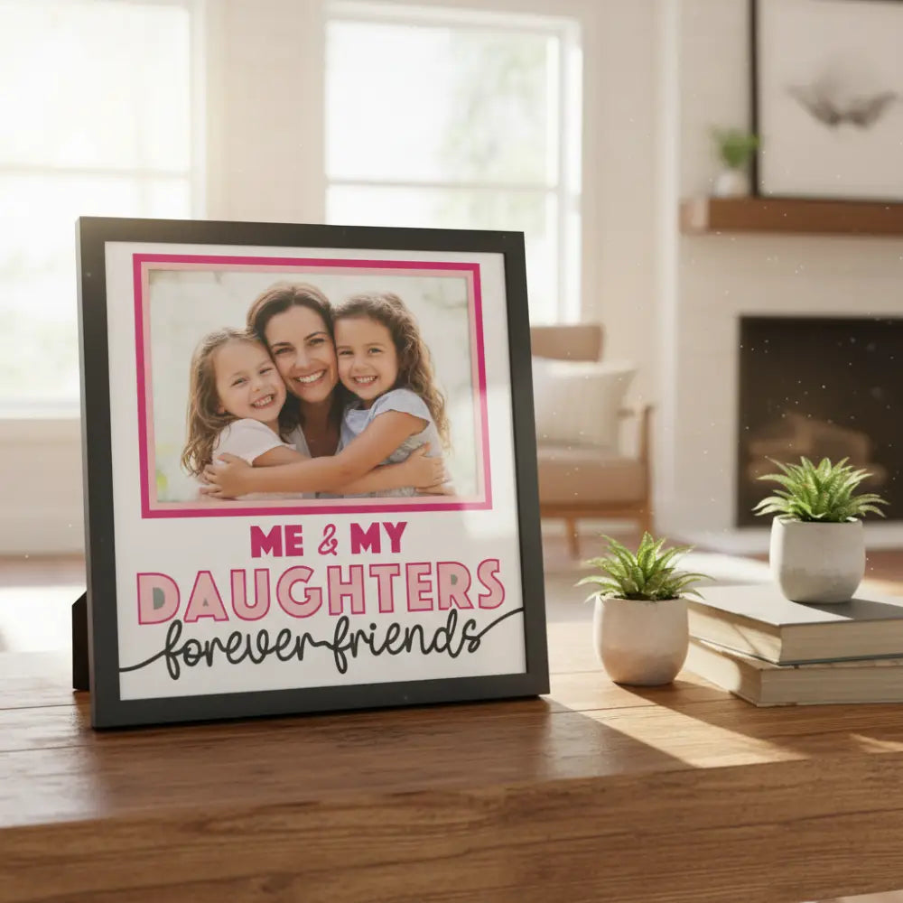 Decorative photo frame with text 'Me & My Daughters Forever Friends' on a white background.