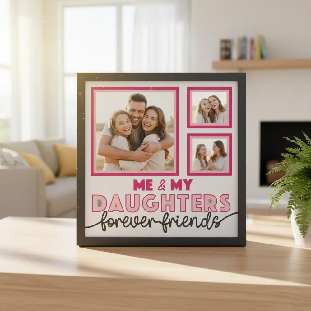 Design template with three gray photo frames and text 'Me & My Daughters Forever Friends' on a white background.