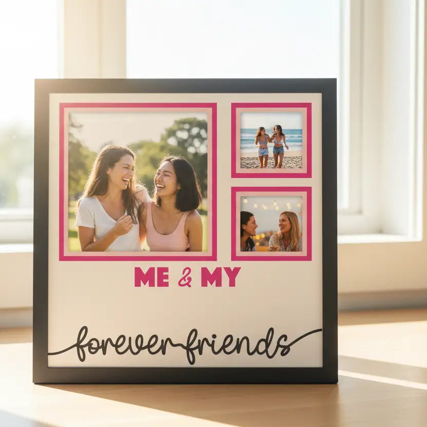 Design template with black frames and pink borders on a white background with text 'Me & My Forever Friends'.