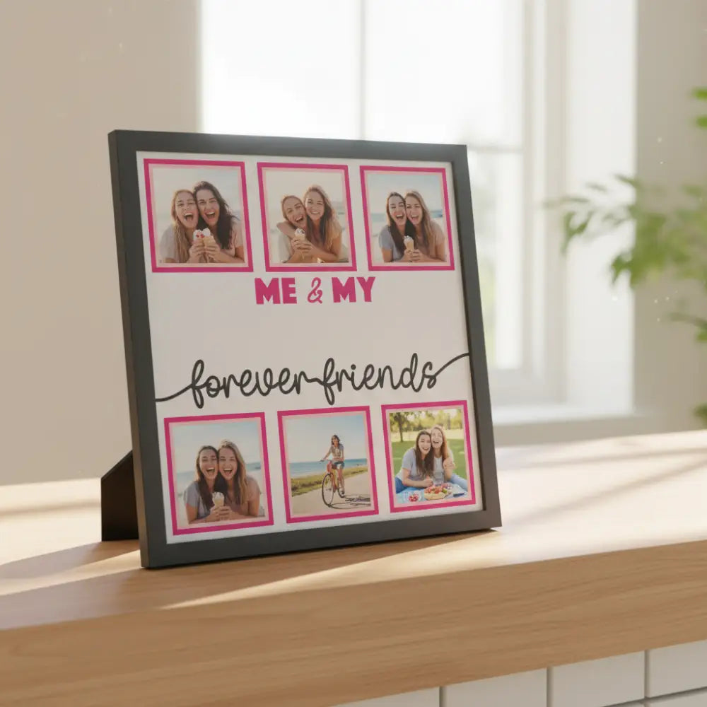 Design layout with black frames and text 'ME & MY forever friends' on a white background
