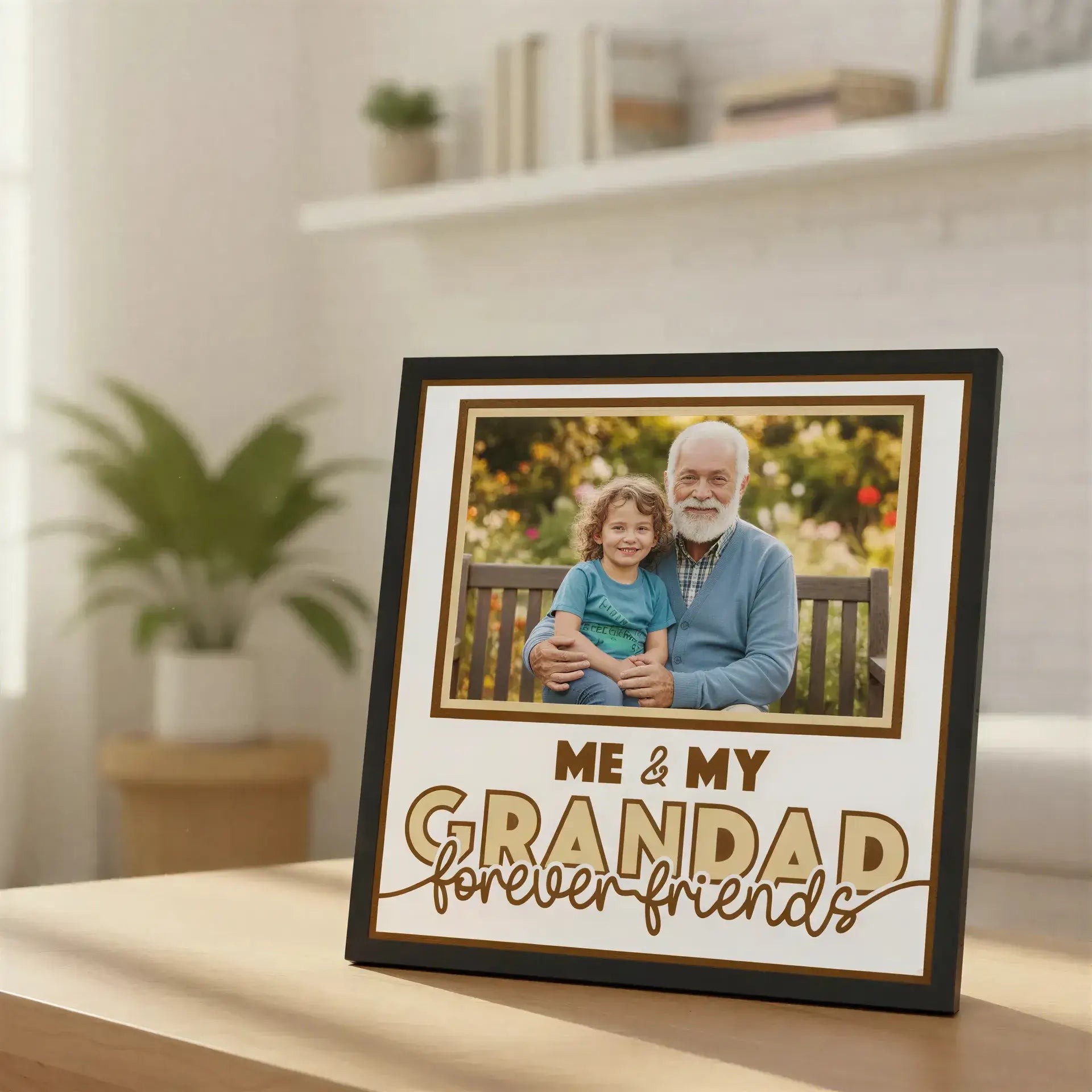 Decorative sign with 'Me & My Grandad forever friends' text and a brown square placeholder.
