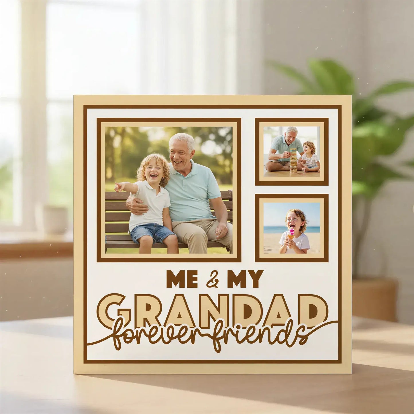 Design template with three brown square frames and text 'Me & My Grandad forever friends' on a beige border.