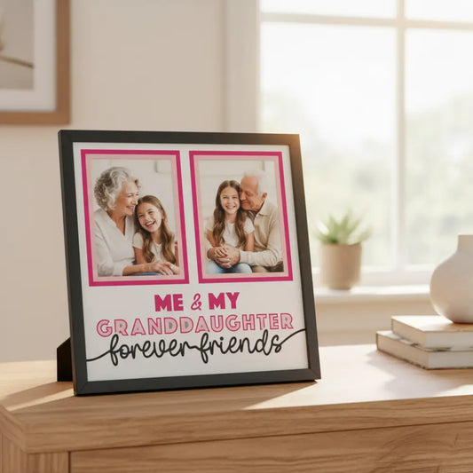 Two gray photo frames with pink borders and text 'Me & My Granddaughter forever friends' on a white background.