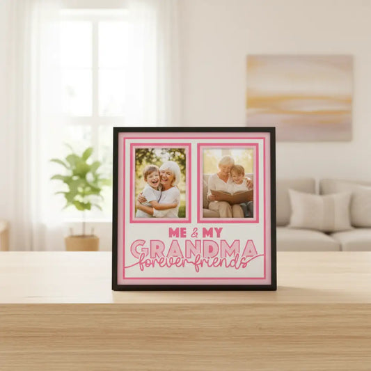 Pink scrapbook layout with two photo frames and 'Me & My Grandma forever friends' text on a white background.