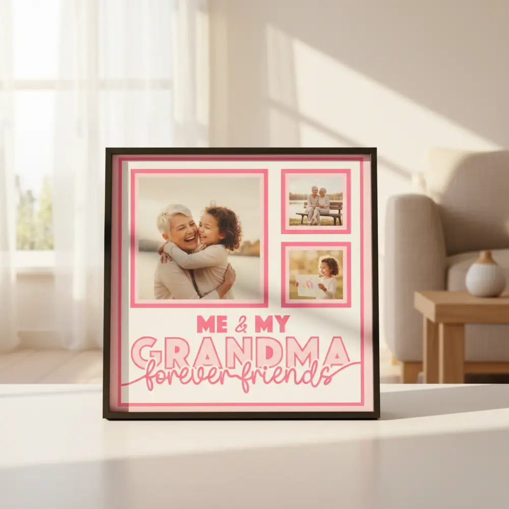 Design template with pink frames and text 'Me & My Grandma forever friends' on a light gray background