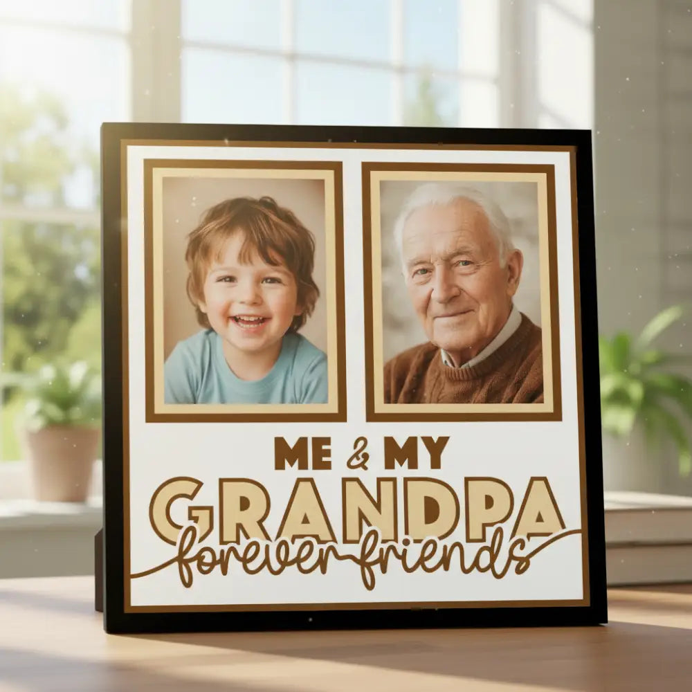 Two brown photo frames with text 'Me & My Grandpa forever friends' on a white background