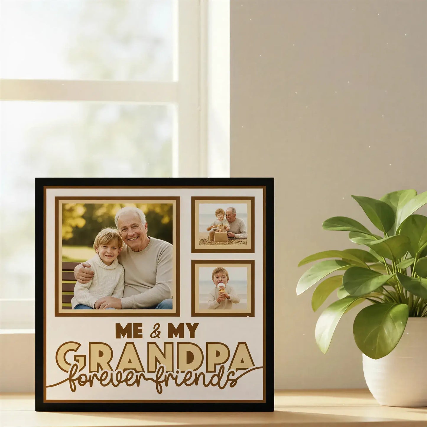 Decorative scrapbook layout with 'Me & My Grandpa Forever Friends' text and photo frames.