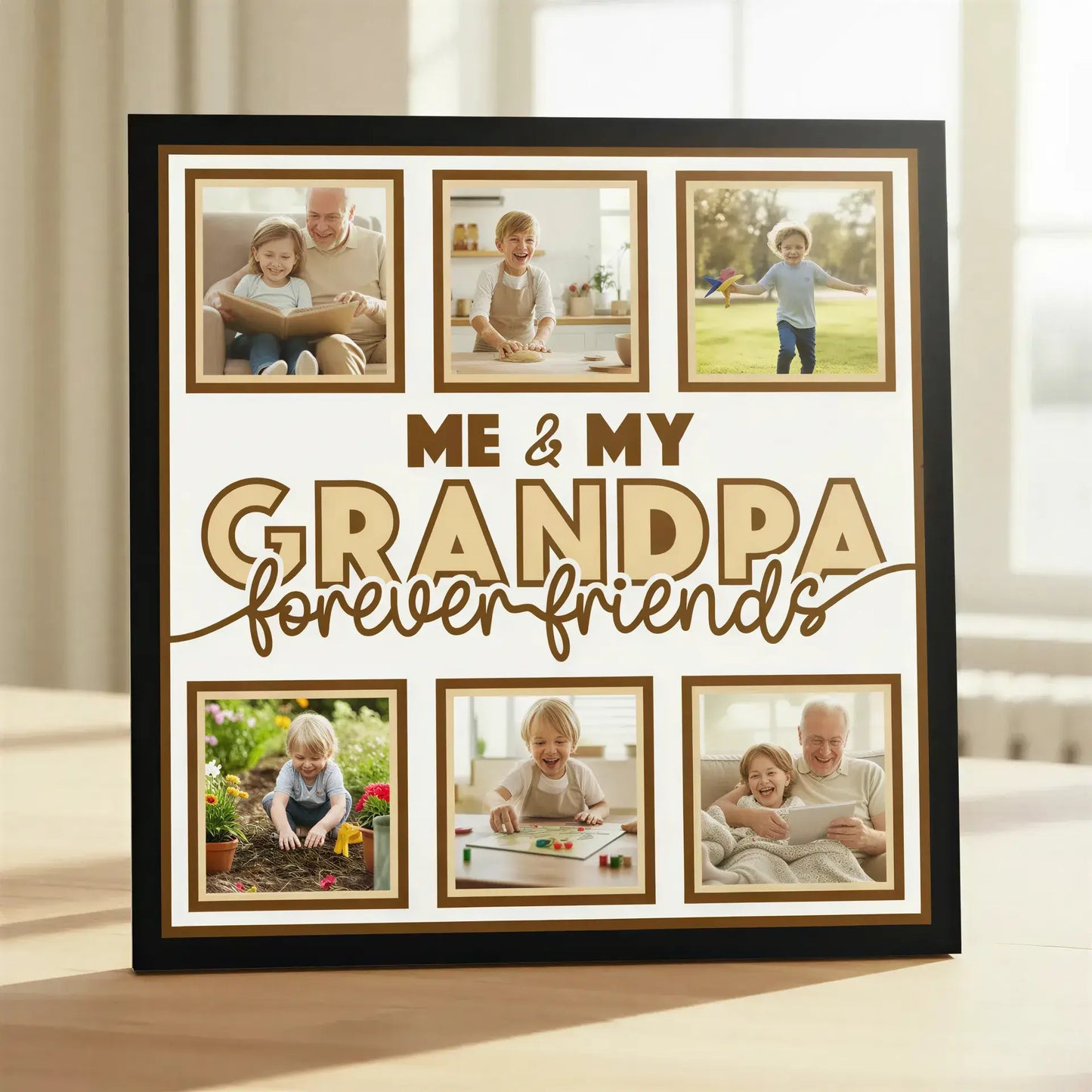 Decorative sign with 'Me & My Grandpa Forever Friends' text and photo frames.
