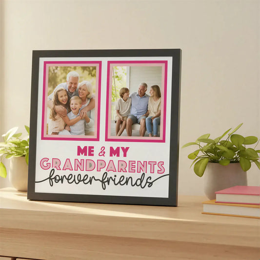 Two photo frame template with text 'Me & My Grandparents Forever Friends' on a white background.