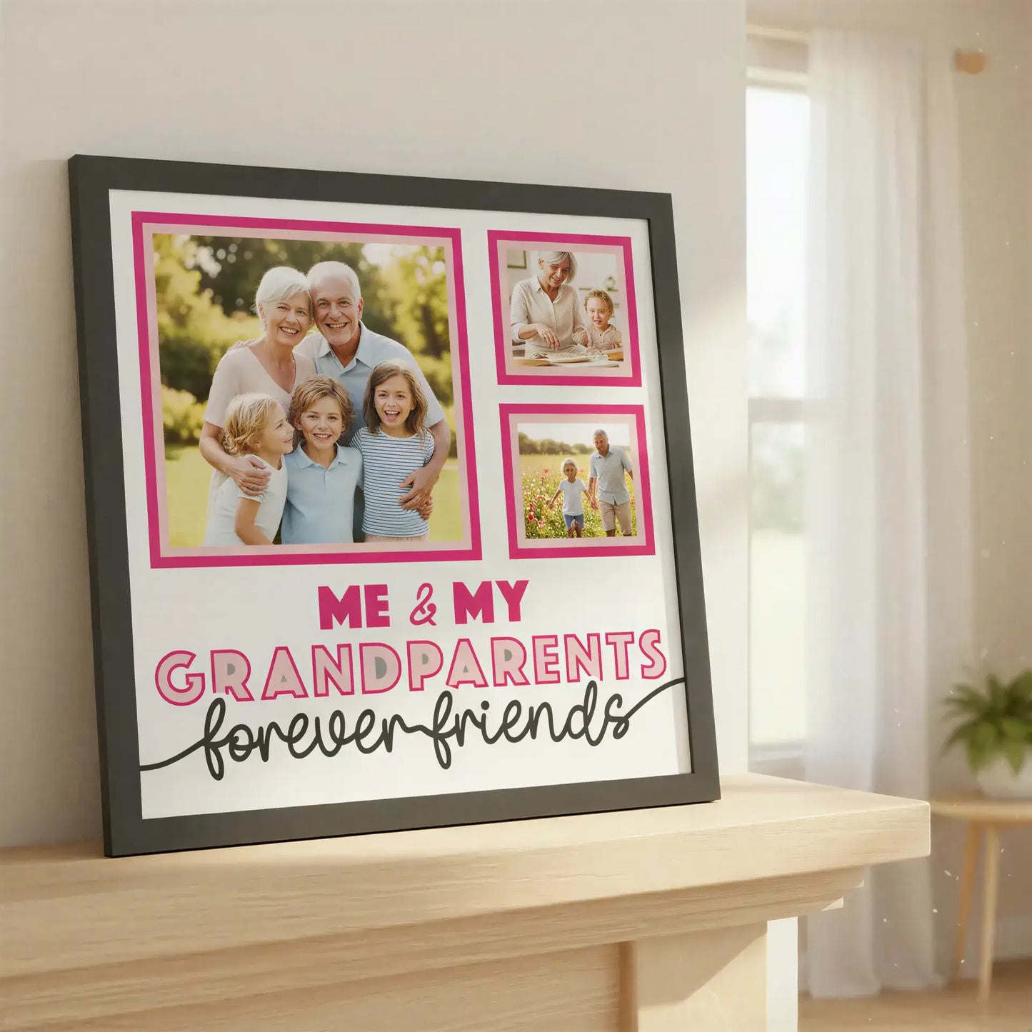 Design template with photo frames and text 'Me & My Grandparents Forever Friends' on a white background.