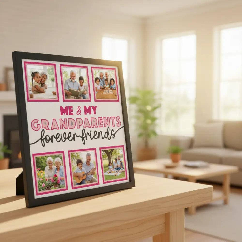 Template for scrapbooking with text 'Me & My Grandparents Forever Friends' and six gray square photo frames.