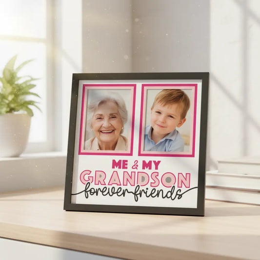 Two photo frames with pink borders and text 'Me & My Grandson forever friends' on a white background.