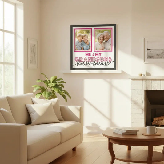 Two gray photo frames with pink borders and text 'Me & My Grandsons Forever Friends' on a white background.