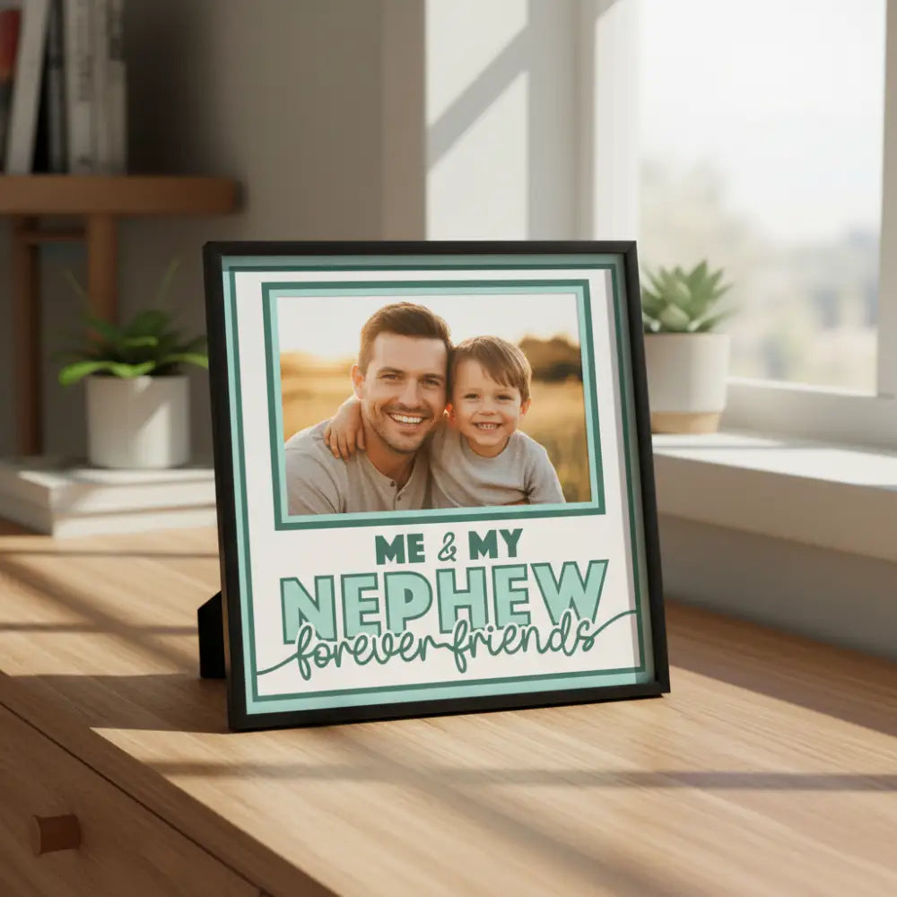 Decorative text card with 'Me & My Nephew Forever Friends' on a teal background