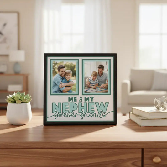 Design template with two green frames and text 'Me & My Nephew forever friends' on a light blue border.