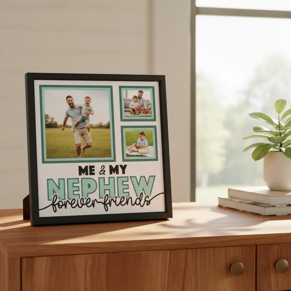 Design template with text 'Me & My Nephew forever friends' and placeholders for photos on a light blue background.
