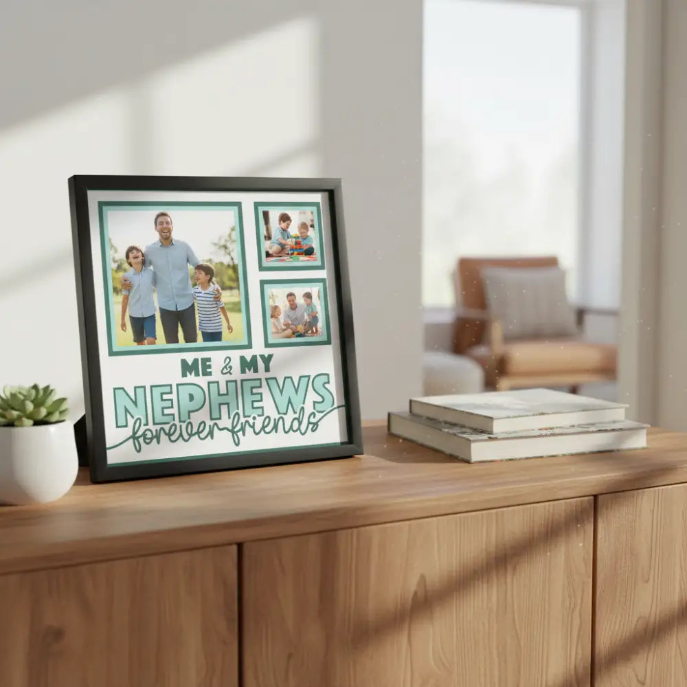 Design template with text 'Me & My Nephews forever friends' and three square frames on a light blue border.