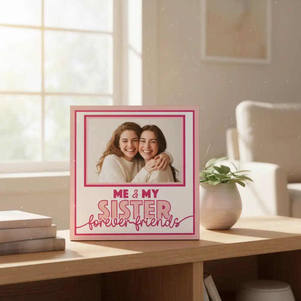 Decorative card with 'Me & My Sister Forever Friends' text and pink frame.