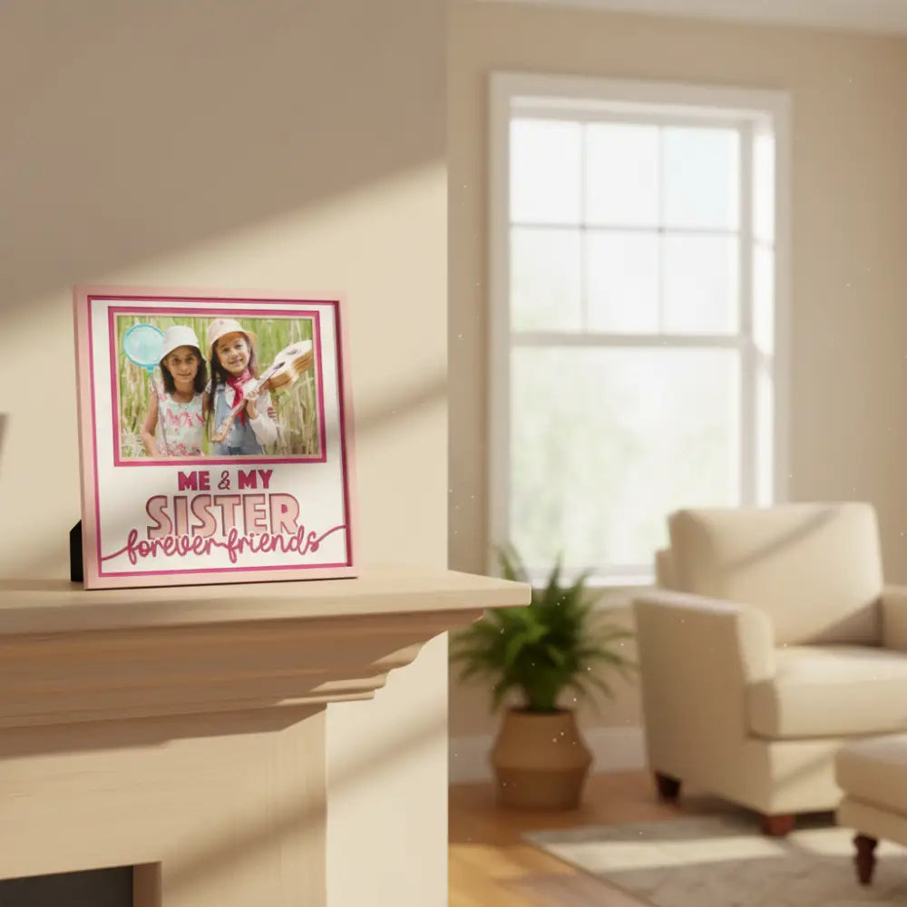 Two children playing outdoors with text 'Me & My Sister Forever Friends' in a decorative frame.
