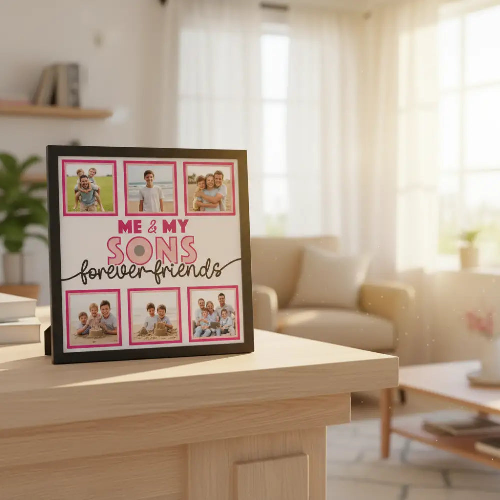 Design template with text 'Me & My Sons Forever Friends' and six gray square placeholders on a white background.