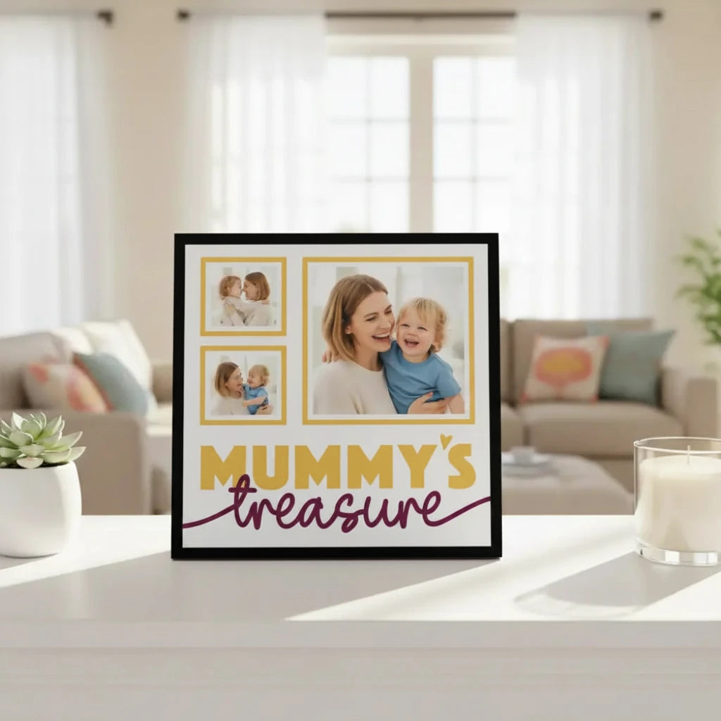 Decorative paper with gold frames and 'Mummy's treasure' text on a white background