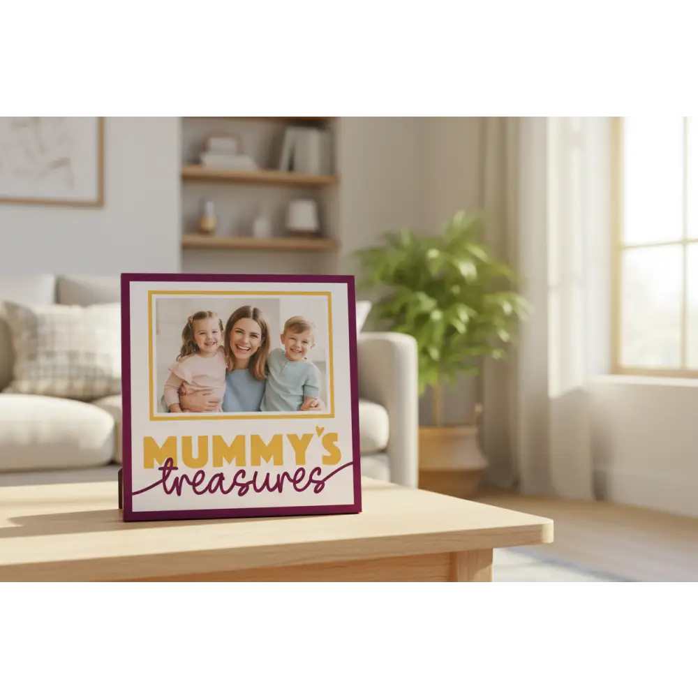 Decorative sign with 'Mummy's Treasures' text and a gold frame on a white background