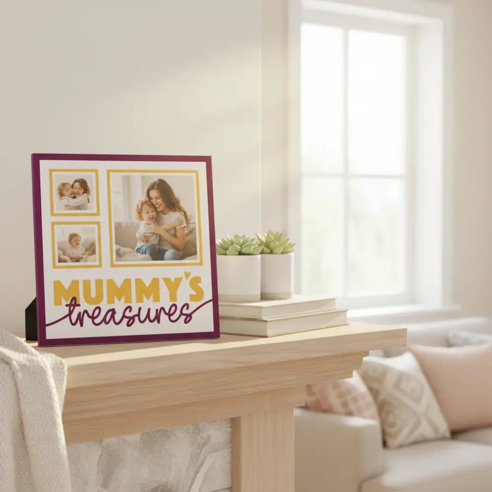 Decorative sign with 'Mummy's Treasures' text and gold frames on a white background