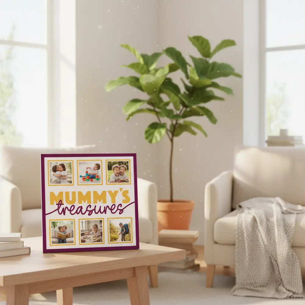 Decorative paper with 'Mummy's Treasures' text and gold frames on a purple border.