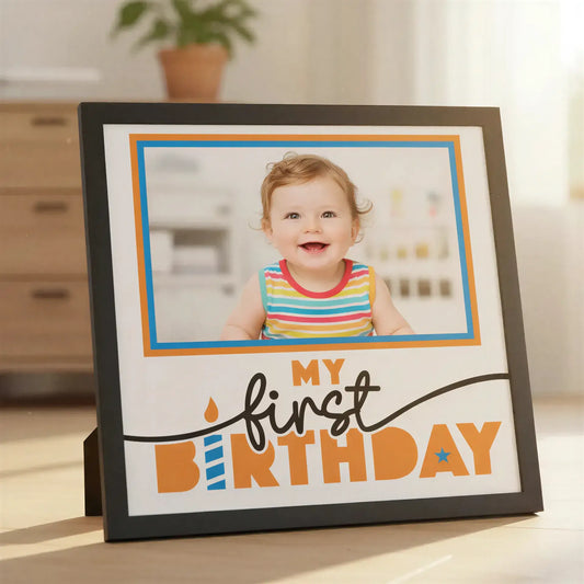 Decorative text 'My first birthday' with colorful design elements on a white background.