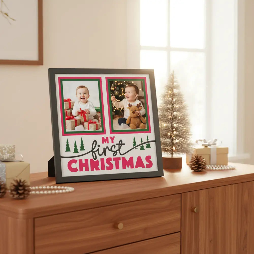 Two photo frames with green borders and 'My First Christmas' text on a white background.