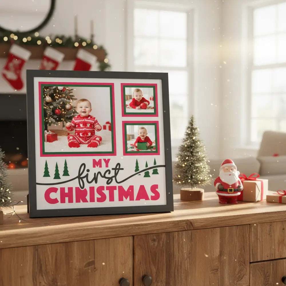 Design template for 'My First Christmas' with green and pink frames on a white background.