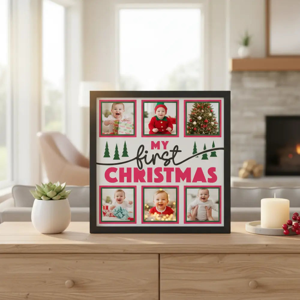 Framed photo collage with 'My First Christmas' text on a wooden table.