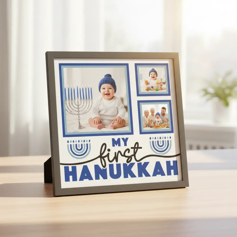 Design template for 'My First Hanukkah' with space for photos on a white background.