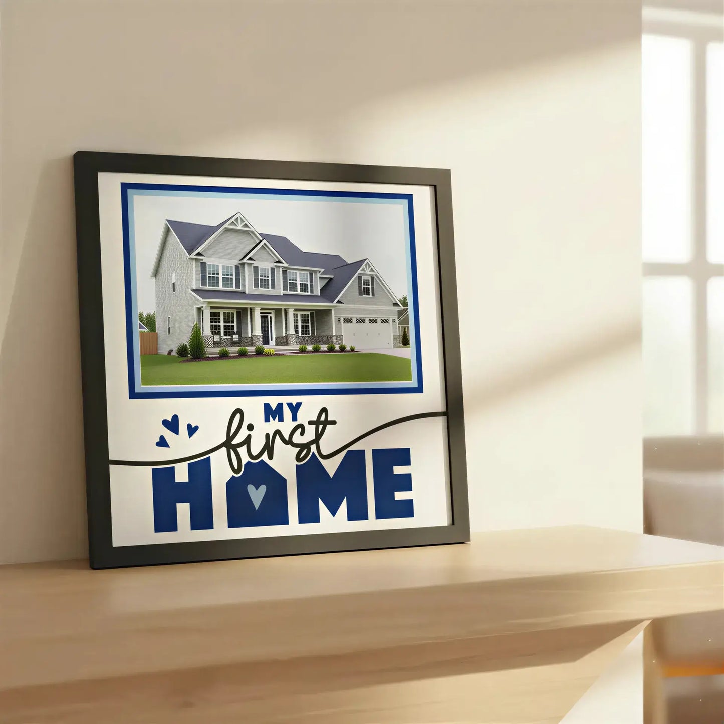 Decorative sign with 'My First Home' text and heart design on a white background