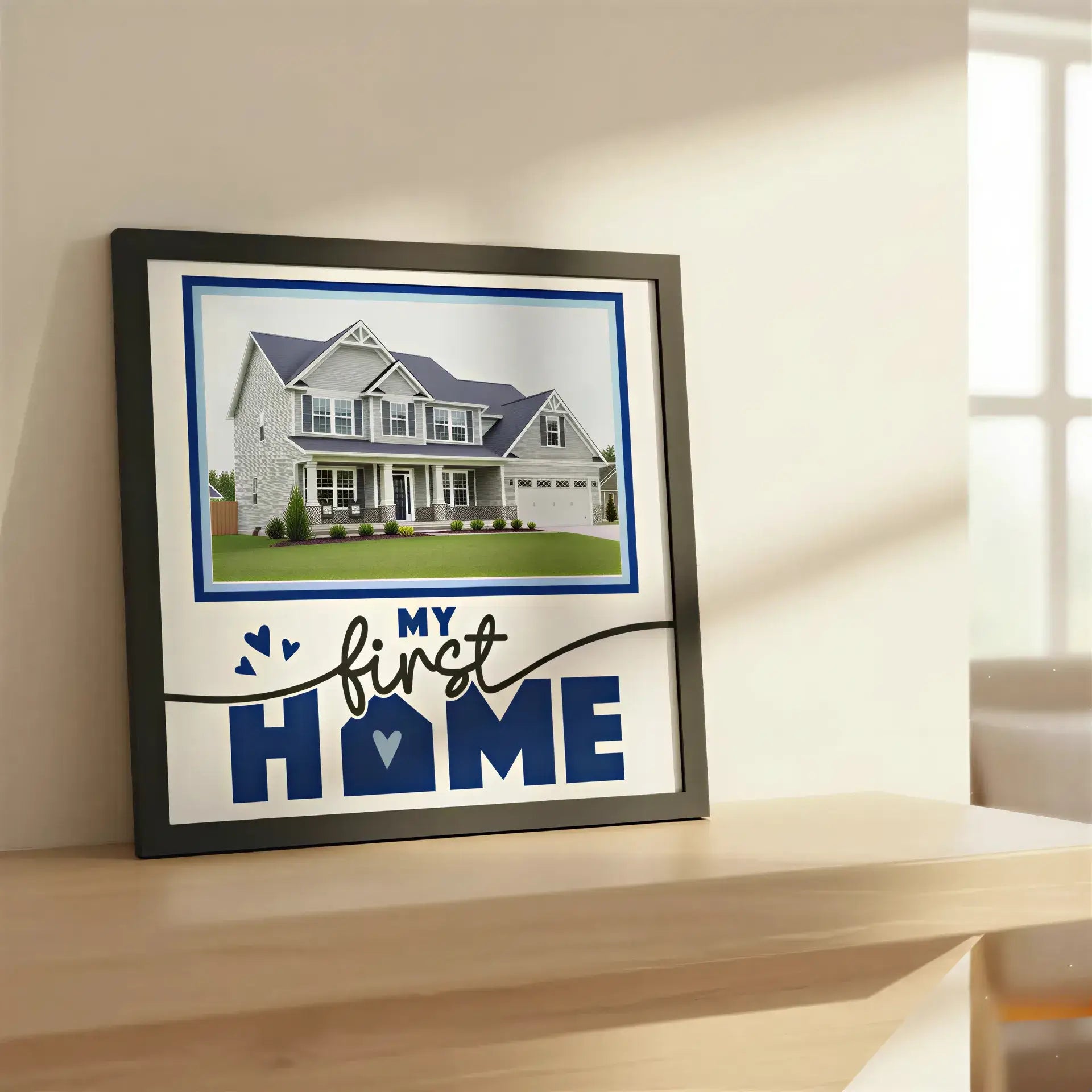 Decorative sign with 'My First Home' text and heart design on a white background