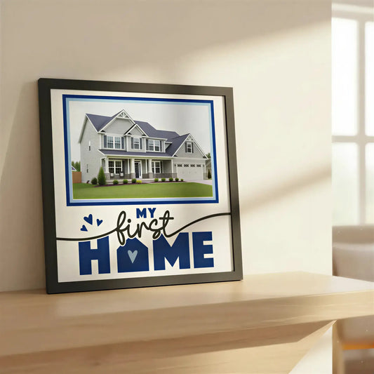 Decorative sign with 'My First Home' text and heart design on a white background