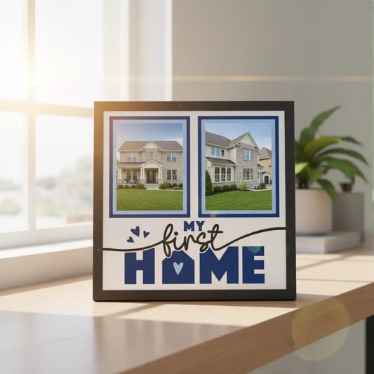 Decorative print with two blue frames and 'My First Home' text on a white background
