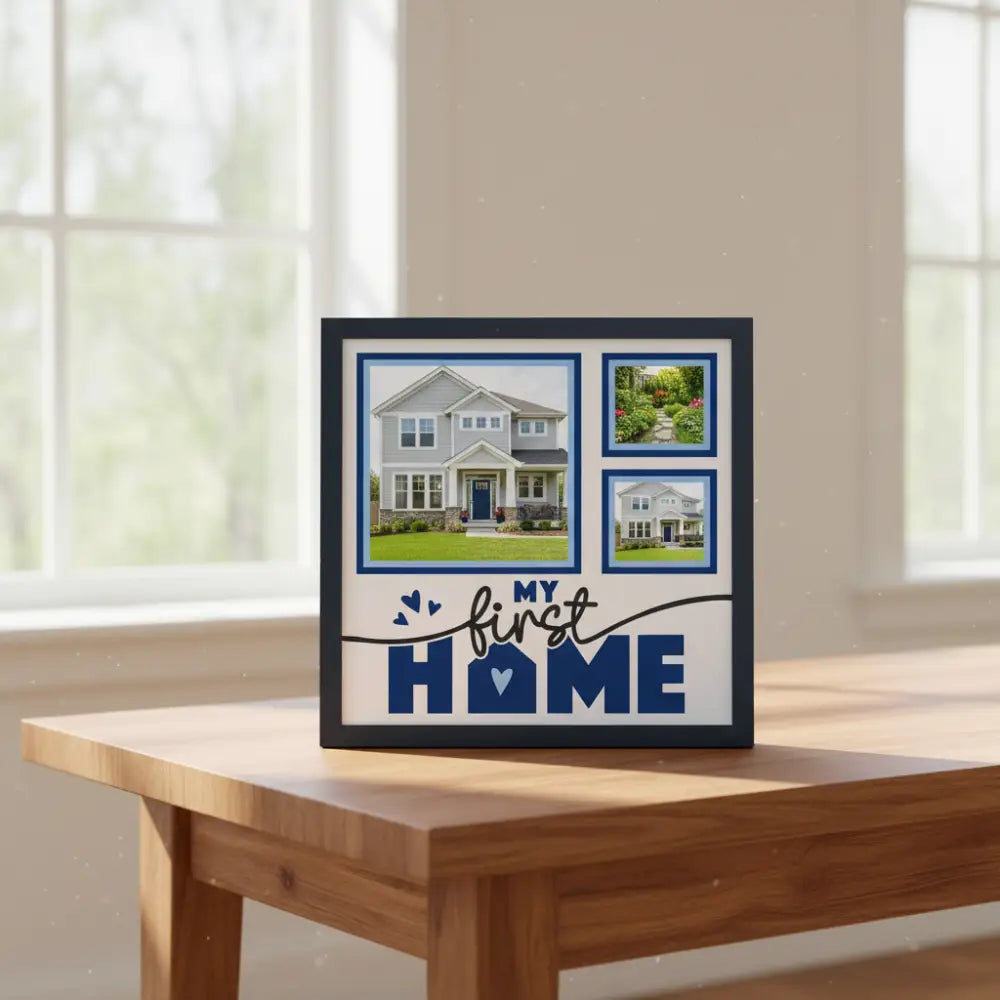 Design template with 'My First Home' text and blue frames on a white background