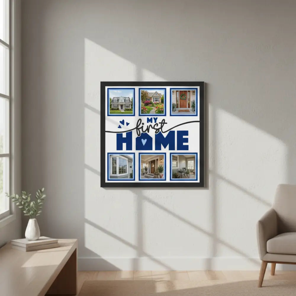 Design template with 'My First Home' text and blank frames for photos.
