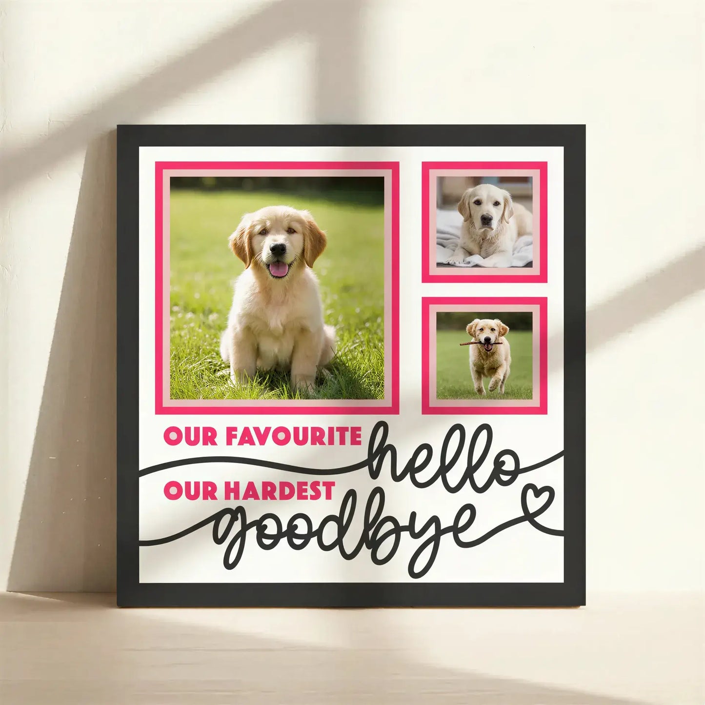 Design with pink frames and text on a white background