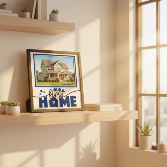 Decorative frame with 'Our First Home' text and a heart symbol.